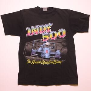 Vintage Indy 500 T Shirt Mens M Black Racing Graphic Fruit of the Loom